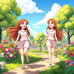 A vibrant and colorful animated scene featuring identical teenage twin girls, both 16 years old, with long flowing hair in shades of auburn and light brown