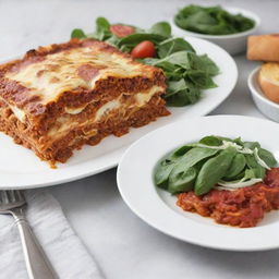 The previously described perfect lasagna on a pristine white plate, this time overflowing with layers, accompanied by a healthy serving of garlic bread and a leafy side salad with vinaigrette.