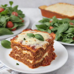 The previously described perfect lasagna on a pristine white plate, this time overflowing with layers, accompanied by a healthy serving of garlic bread and a leafy side salad with vinaigrette.