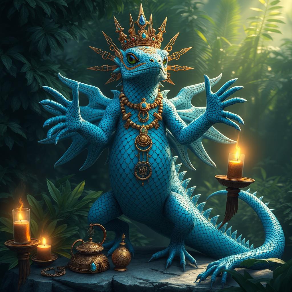 A stunning depiction of a blue lizard folk god, radiating a sense of majesty and power