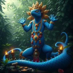 A stunning depiction of a blue lizard folk god, radiating a sense of majesty and power