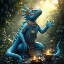 A stunning depiction of a blue lizard folk god, radiating a sense of majesty and power