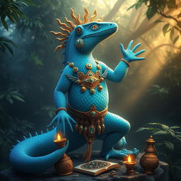 A stunning depiction of a blue lizard folk god, radiating a sense of majesty and power