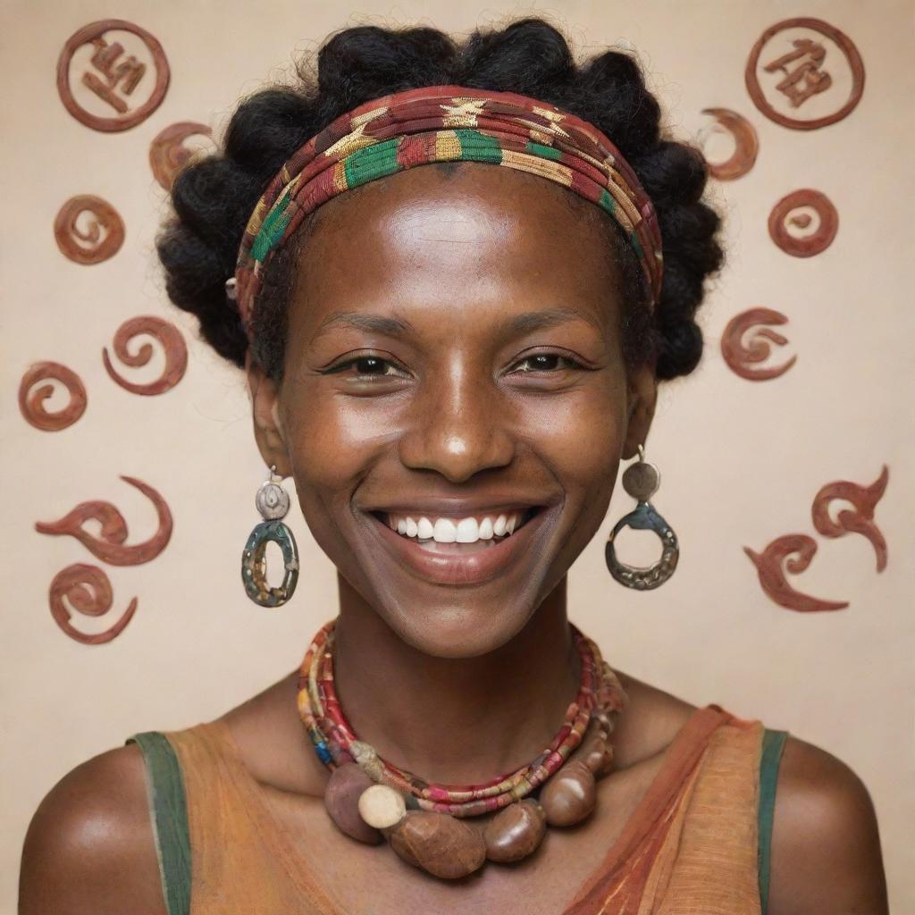 An image of a person with a wide, proud grin on their face, entwined with symbols and elements from their ethnic heritage.