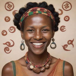 An image of a person with a wide, proud grin on their face, entwined with symbols and elements from their ethnic heritage.