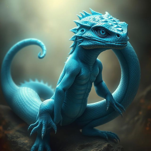 A mesmerizing depiction of a blue lizardfolk god, radiating power and wisdom with its gaze offering an ancient reflection of long-buried instincts