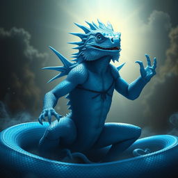 A mesmerizing depiction of a blue lizardfolk god, radiating power and wisdom with its gaze offering an ancient reflection of long-buried instincts