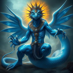 A mesmerizing depiction of a blue lizardfolk god, radiating power and wisdom with its gaze offering an ancient reflection of long-buried instincts