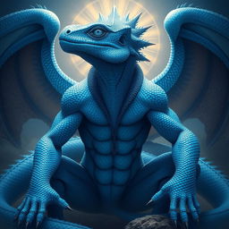 A mesmerizing depiction of a blue lizardfolk god, radiating power and wisdom with its gaze offering an ancient reflection of long-buried instincts