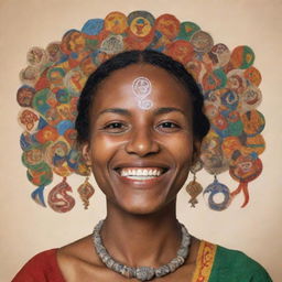 An image of a person with a wide, proud grin on their face, entwined with symbols and elements from their ethnic heritage.