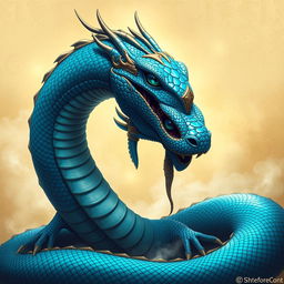 An awe-inspiring depiction of a blue serpent god, characterized by its striking appearance and an ancient gaze that reflects instincts long buried