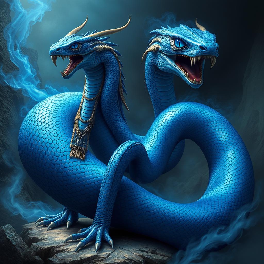 An awe-inspiring depiction of a blue serpent god, characterized by its striking appearance and an ancient gaze that reflects instincts long buried