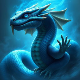 An awe-inspiring depiction of a blue serpent god, characterized by its striking appearance and an ancient gaze that reflects instincts long buried