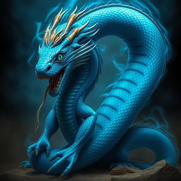 An awe-inspiring depiction of a blue serpent god, characterized by its striking appearance and an ancient gaze that reflects instincts long buried