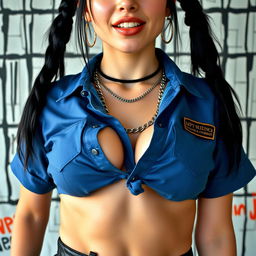 A close-up torso shot of a gorgeous white female with black hair styled in pigtails