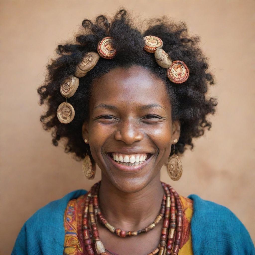 An image of a person with a wide, proud grin on their face, entwined with symbols and elements from their ethnic heritage.