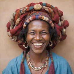 An image of a person with a wide, proud grin on their face, entwined with symbols and elements from their ethnic heritage.