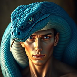 An impressive portrayal of a blue serpent god, with its gaze offering an ancient reflection of deep, instinctual wisdom