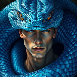 An impressive portrayal of a blue serpent god, with its gaze offering an ancient reflection of deep, instinctual wisdom