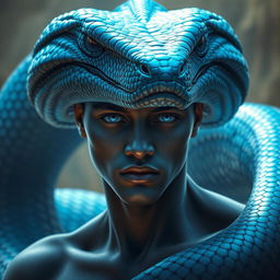 An impressive portrayal of a blue serpent god, with its gaze offering an ancient reflection of deep, instinctual wisdom