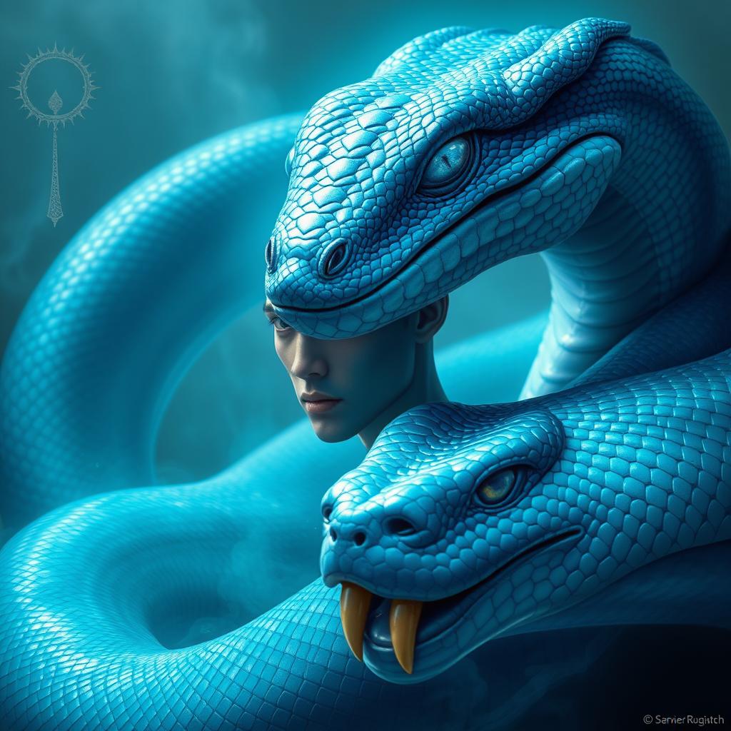 An enchanting representation of a blue serpent god, with a gaze that reflects ancient instincts long buried