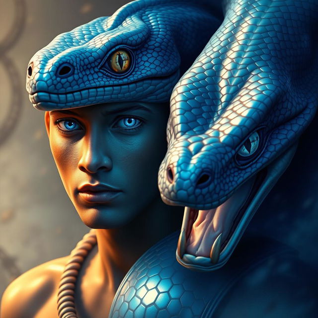 An enchanting representation of a blue serpent god, with a gaze that reflects ancient instincts long buried