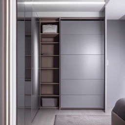 A modern sliding wardrobe on a sleek grey flooring in a well-lit room