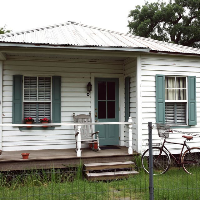 A simple house situated in 1990s New Orleans, featuring weathered white wooden siding with peeling paint and a sloped roof