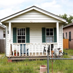 A simple house situated in 1990s New Orleans, featuring weathered white wooden siding with peeling paint and a sloped roof