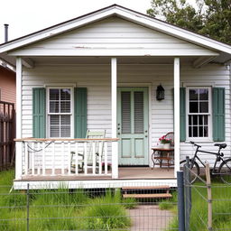 A simple house situated in 1990s New Orleans, featuring weathered white wooden siding with peeling paint and a sloped roof