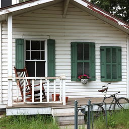 A simple house situated in 1990s New Orleans, featuring weathered white wooden siding with peeling paint and a sloped roof