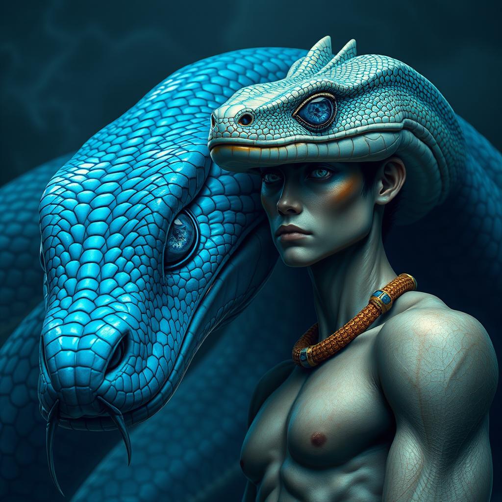 A mesmerizing representation of a blue serpent god, characterized by its ancient gaze that reflects deep, instinctual wisdom buried over time