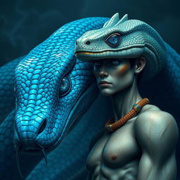 A mesmerizing representation of a blue serpent god, characterized by its ancient gaze that reflects deep, instinctual wisdom buried over time