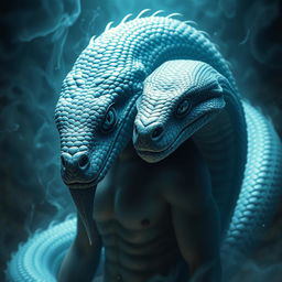 A mesmerizing representation of a blue serpent god, characterized by its ancient gaze that reflects deep, instinctual wisdom buried over time