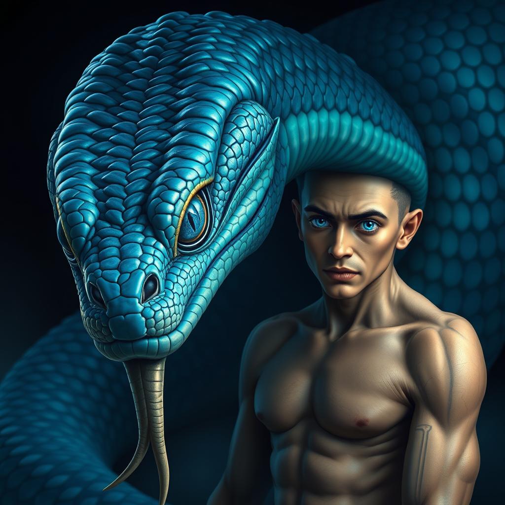 A mesmerizing representation of a blue serpent god, characterized by its ancient gaze that reflects deep, instinctual wisdom buried over time