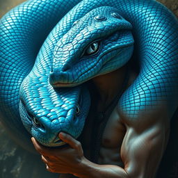 A mesmerizing representation of a blue serpent god, characterized by its ancient gaze that reflects deep, instinctual wisdom buried over time