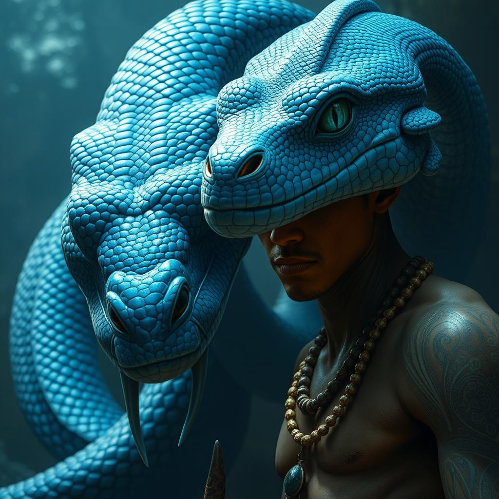 A captivating depiction of a blue serpent god, whose gaze serves as an ancient reflection of deep, instinctual wisdom long since buried