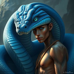 A captivating depiction of a blue serpent god, whose gaze serves as an ancient reflection of deep, instinctual wisdom long since buried