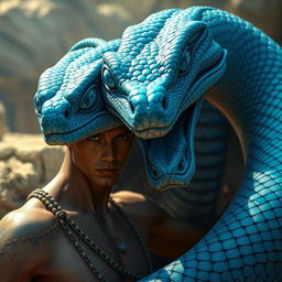 A captivating depiction of a blue serpent god, whose gaze serves as an ancient reflection of deep, instinctual wisdom long since buried