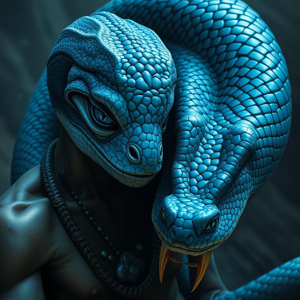 A captivating depiction of a blue serpent god, whose gaze serves as an ancient reflection of deep, instinctual wisdom long since buried