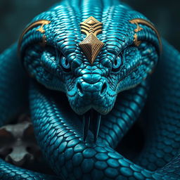 A striking depiction of a blue serpent god, whose gaze serves as an ancient reflection of deep, instinctual traits long buried within time