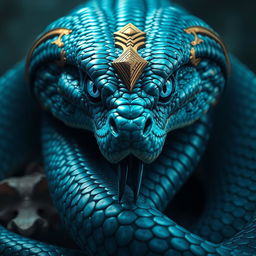 A striking depiction of a blue serpent god, whose gaze serves as an ancient reflection of deep, instinctual traits long buried within time