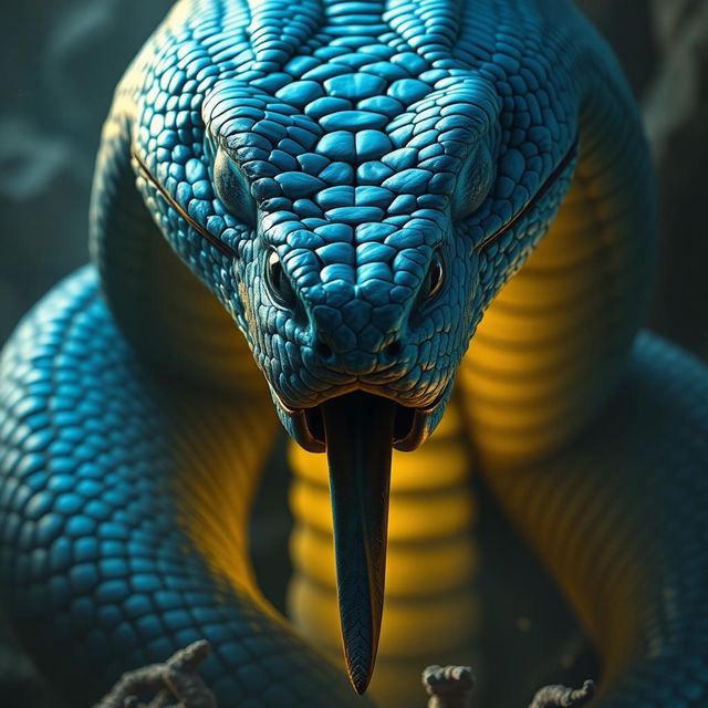 A striking depiction of a blue serpent god, whose gaze serves as an ancient reflection of deep, instinctual traits long buried within time