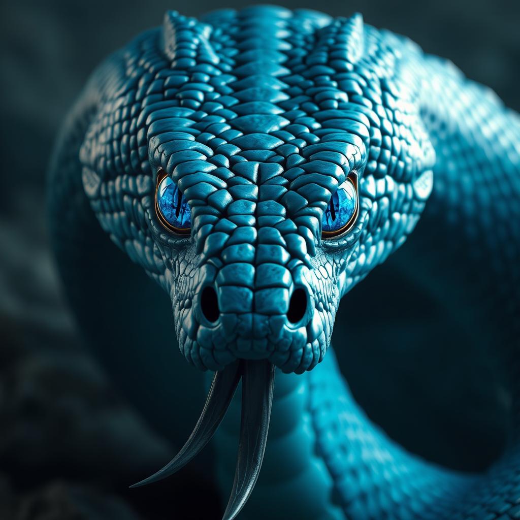 A striking depiction of a blue serpent god, whose gaze serves as an ancient reflection of deep, instinctual traits long buried within time