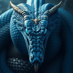 A striking depiction of a blue serpent god, whose gaze serves as an ancient reflection of deep, instinctual traits long buried within time