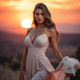 A captivating and sensual scene featuring a stunning model in an elegant, flowing dress that accentuates their figure, gently illuminated by soft, warm lighting