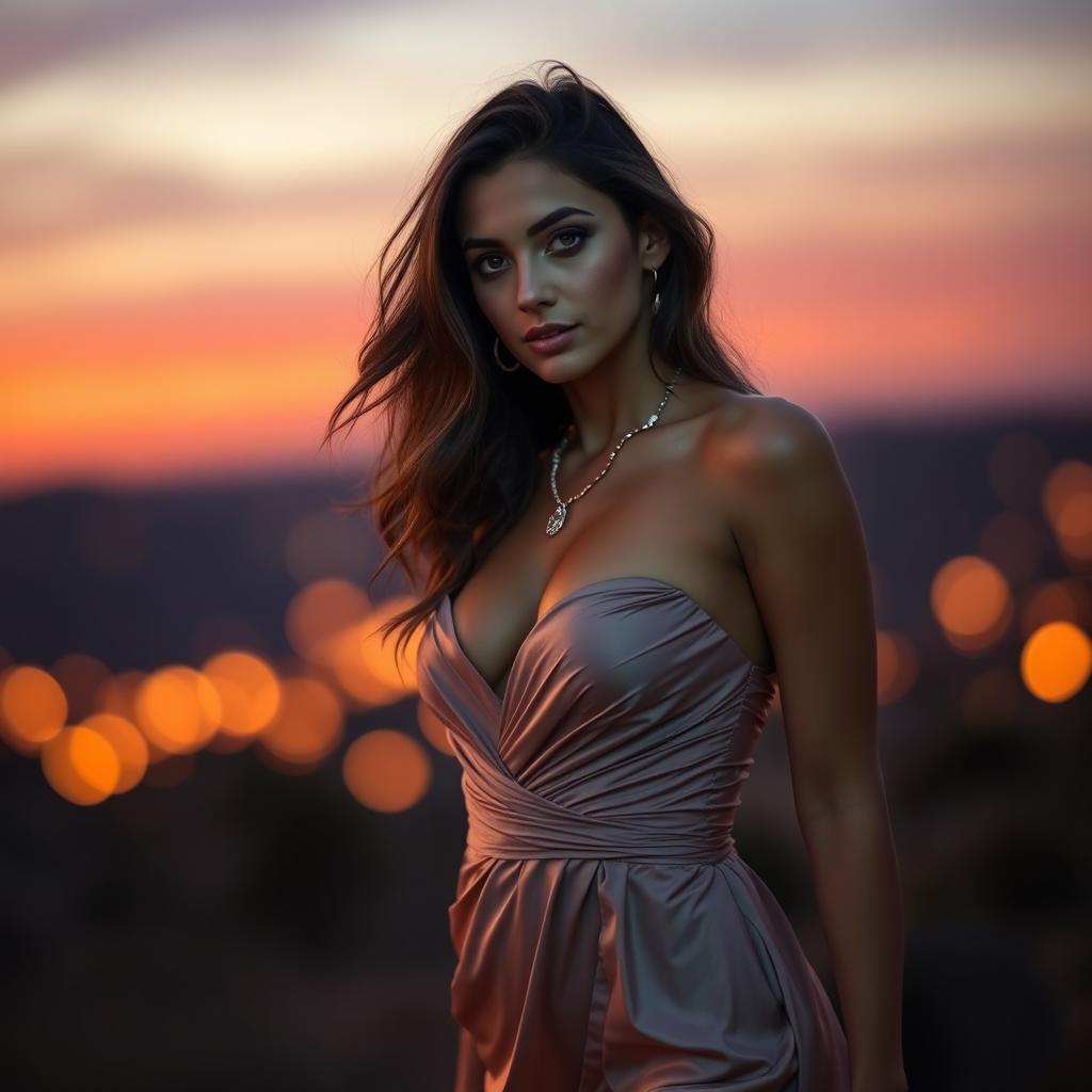 A captivating and sensual scene featuring a stunning model in an elegant, flowing dress that accentuates their figure, gently illuminated by soft, warm lighting