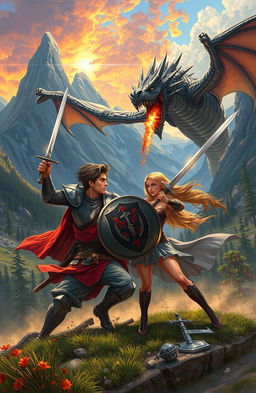 A thrilling scene depicting an adventurous couple engaged in an epic battle against a dragon in a fantastical landscape