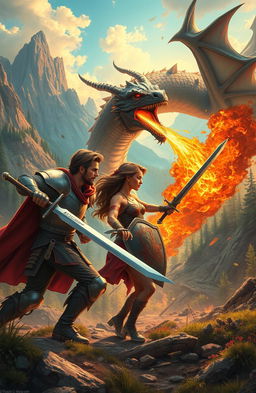 A thrilling scene depicting an adventurous couple engaged in an epic battle against a dragon in a fantastical landscape