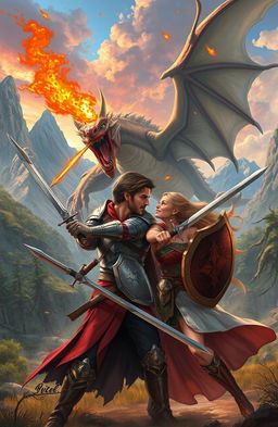 A thrilling scene depicting an adventurous couple engaged in an epic battle against a dragon in a fantastical landscape